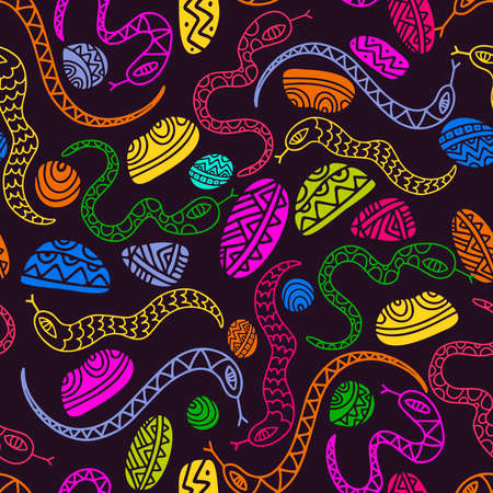 Seamless vector pattern with decorative colorful lined gummy snakes in bright colors on dark background. The design is perfect for backgrounds, packages, wrapping paper, wallpaper, textiles, sheetsのイラスト素材