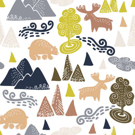 Vector seamless colorful design with mountains, moose and bears in a forest. Cute decorative background design. Perfect for maps, decorations, textiles, surfaces, backgrounds, sheets, cushionsのイラスト素材