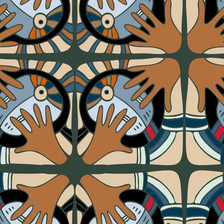 seamless pattern with squared with hands reaching to each other. Design in dark dull brown colors....