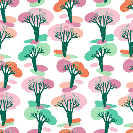Modern seamless simple colorful pattern with trees in pastel colors