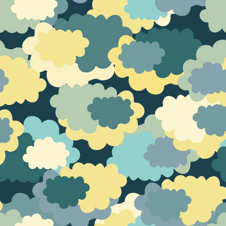 Seamless design with cute cartoon clouds in the sky in yellow and green tonesのイラスト素材