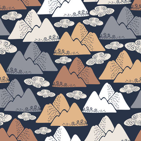 seamless colorful design with mountains, clouds and windのイラスト素材
