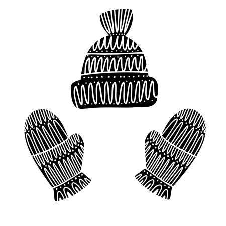 Isolated black and white vector design of knitted mittens and hatのイラスト素材