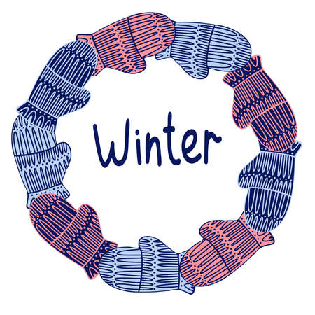 Isolated vector design of circle of knitted mittens in pastel cold tones on blueのイラスト素材