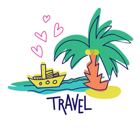 Cute vector isolated design of island with a palm, ship on the water and heartsのイラスト素材