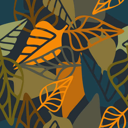 seamless pattern colorful design of leaf doodles in pastel orange tonesのイラスト素材