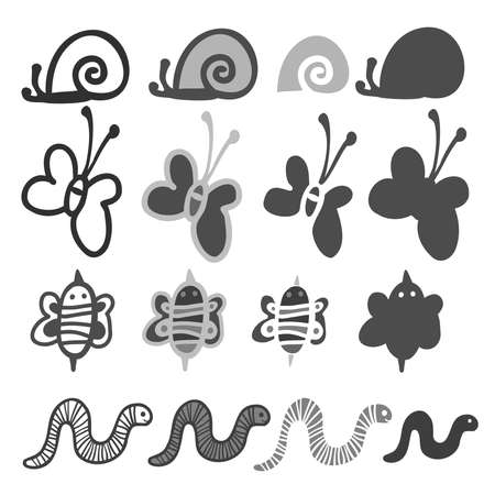 Vector isolated stylised set with abstract simple insects bees, worms, snailsのイラスト素材
