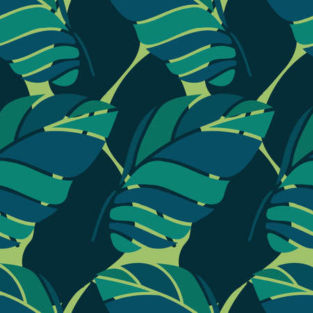 Vector seamless ornamental lined colorful green pattern of tropical leavesのイラスト素材