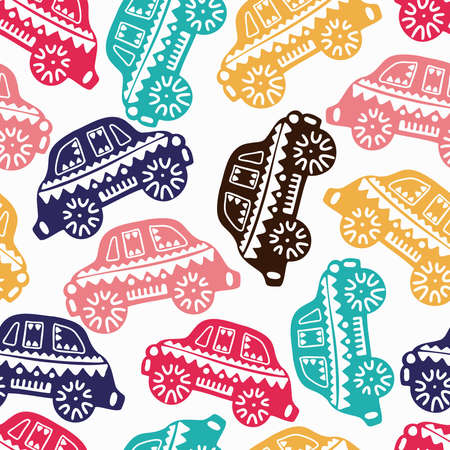 Vector seamless colorful non directional pattern of ornamental cars on whiteのイラスト素材