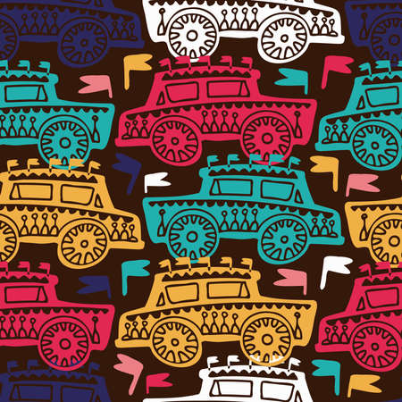 seamless colorful pattern of ornamental cars in lines on dark backgroundのイラスト素材