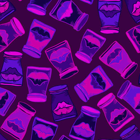 Vector seamless colorful neon abstract pattern of ornamental lips in test tubeのイラスト素材