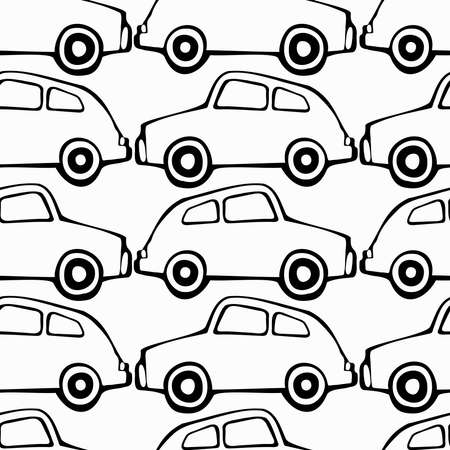 Vector seamless black and white pattern of ornamental lined cars in linesのイラスト素材