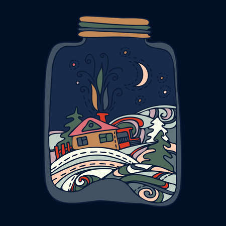 Vector colorful isolated illustration of winter landscape with a house in jarのイラスト素材