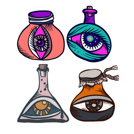 Isolated colorful vector design set of ornamental eyes in test tubesのイラスト素材