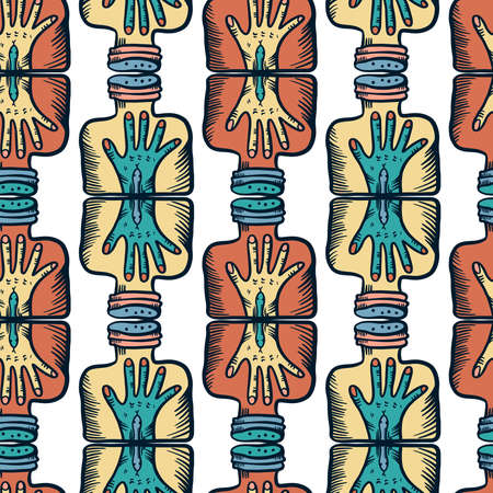 Seamless colorful vector pattern of ornamental hand with snake in test tubeのイラスト素材