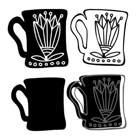 Isolated vector black and white set of silhouettes of ornamental cup with flowerのイラスト素材