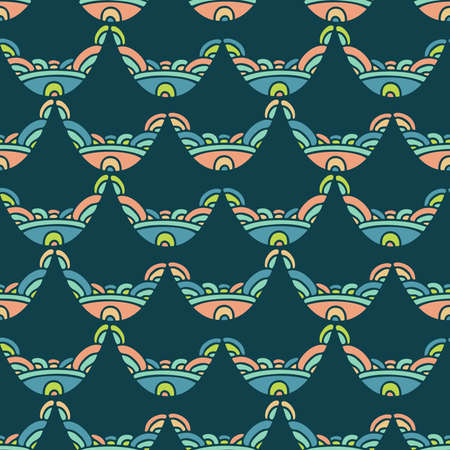 Vector seamless colorful pattern of ornamental abstract shapes in lines on turquoiseのイラスト素材