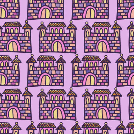 Seamless vector colorful illustration pattern design of silhouette of medieval cartoon castleのイラスト素材