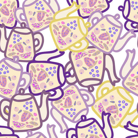 Seamless vector colorful pattern design of lined ornamental glass tea pot with fruitsのイラスト素材