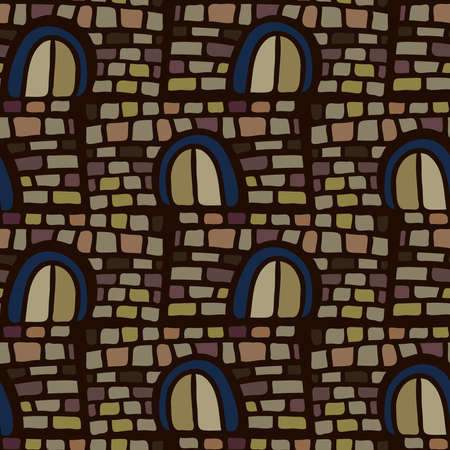 Seamless vector colorful illustration pattern design of silhouette of medieval cartoon castleのイラスト素材