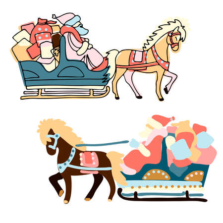 Isolated colorful set of design illustrations of Christmas sleigh with horse and Santaのイラスト素材