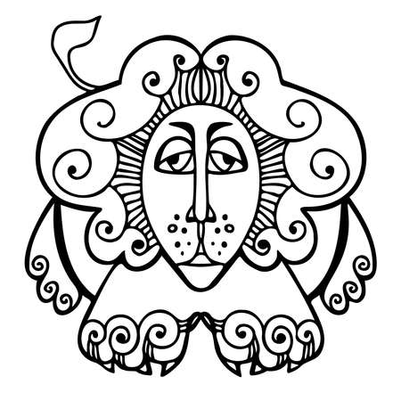 Isolated vector black and white illustration design of ornamental lined lion symbolのイラスト素材