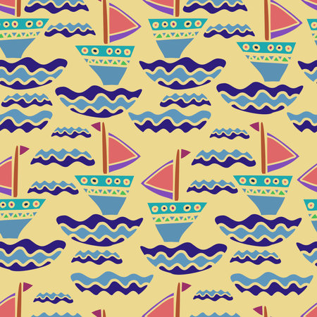 Seamless vector design tropical green pattern with decorative sailing ships on yellow backgroundのイラスト素材