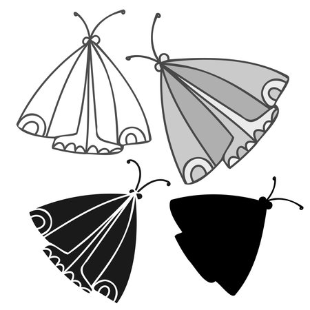 Abstract black and white isolated vector illustration design of set of butterflies with calligraphic linesのイラスト素材