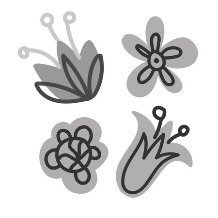 Modern isolated black and white set of illustrations design of lined cartoon flowersのイラスト素材
