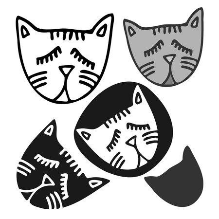 Isolated vector black and white illustration set design of ornamental lined catsのイラスト素材