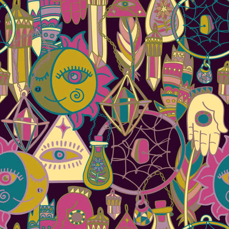 Vector colorful seamless pattern of lined alchemic bottles, tubes and grailsのイラスト素材
