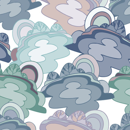 Vector colorful seamless design of abstract landscape with trees in blue tonesのイラスト素材