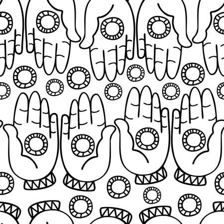 Black and white vector seamless pattern illustration of lined hands with circlesのイラスト素材