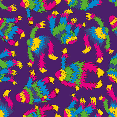 Vector seamless colorful pattern cryptozoology dancing yeti in bright colors on purple background. The design is perfect for textiles, backgrounds, wallpaper, wrapping paperのイラスト素材