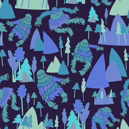 Vector seamless colorful pattern cryptozoology dancing yeti in the forest landscape in blue tones. The design is perfect for textiles, backgrounds, wallpaper, wrapping paperのイラスト素材