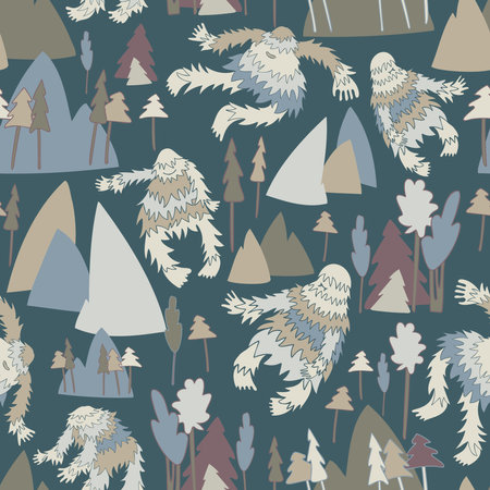 Vector seamless colorful pattern cryptozoology dancing yeti in the forest landscape in blue tonesのイラスト素材