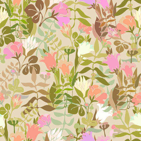 Vector seamless colorful design pattern botanical cute spring herbs and flowers in pastel tonesのイラスト素材