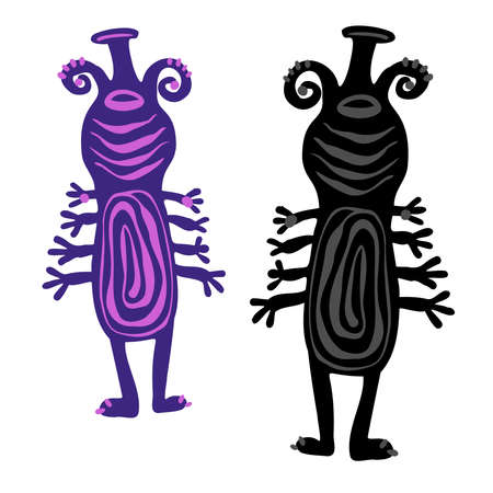 Isolated vector colorful and black and white design set of detailed silhouettes of aliensのイラスト素材