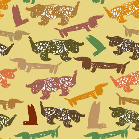 Colorful seamless vector pattern of cute hand drawn sketched dogs in pastel colorsのイラスト素材