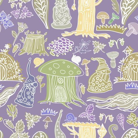 Colorful vector design seamless illustration pattern of forest with gnomesのイラスト素材