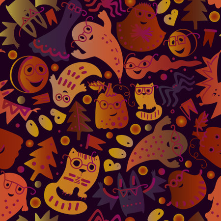 Colorful vector abstract seamless pattern of Halloween attributes, pumpkins, cats, and ghostsのイラスト素材