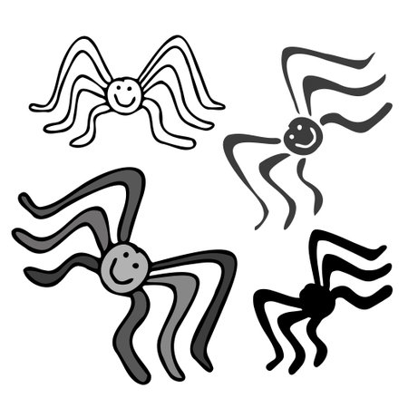 Abstract decorative black and white isolated vector illustration design set of spiders, lined and silhouettesのイラスト素材
