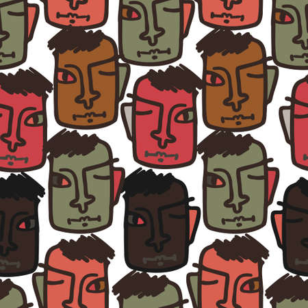 Vector seamless pattern illustration design of abstract lined surreal facesのイラスト素材