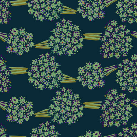 Vector seamless colorful design pattern botanical cute spring herbs and flowers in green tones on dark backgroundのイラスト素材