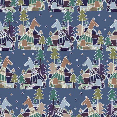 Seamless vector colorful pattern illustration of sleeping cute wolf in sweater in the forestの写真素材
