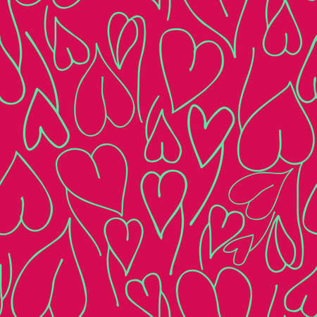 Seamless vector illustration pattern of colorful doodle hearts leaves in pink tones