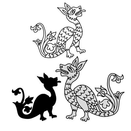 Vector isolated design set of black and white dragons, lined and silhouetteのイラスト素材