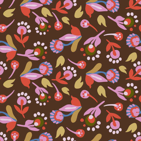 Vector seamless colorful pattern design of abstract stylised flowers in warm red tones