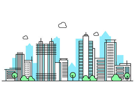 Illustration of large buildings and trees in the style of thin linesのイラスト素材