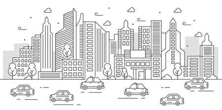 Illustration of large buildings and trees in the style of thin linesのイラスト素材